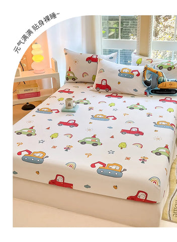 1pc 100%Cotton Bed Sheet for Kids Cartoon Style Car Printed Fitted Sheet with Elastic Band for Boys Pure Cotton Single Bed Cover