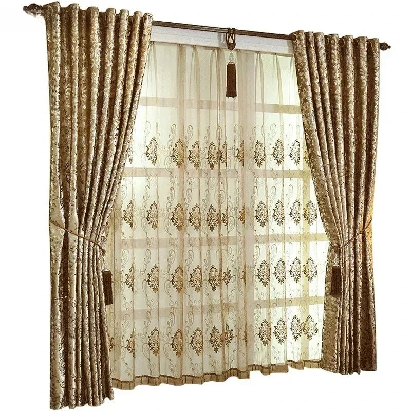 European Luxury Gold Curtains For Living Room Bedroom Sheer Embroidered Tulle Print Shading Windows Backdrop Customize Шторы