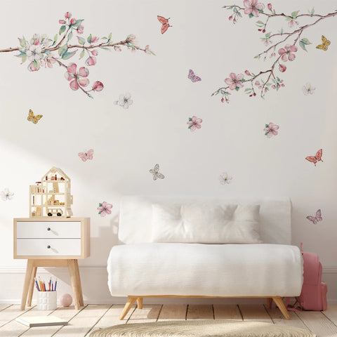 Pink Flowers Blooming Tree Branch Butterfly  Floral Watercolor Wall Stickers for Nursery Bedroom Living Room Wall Decals Murals