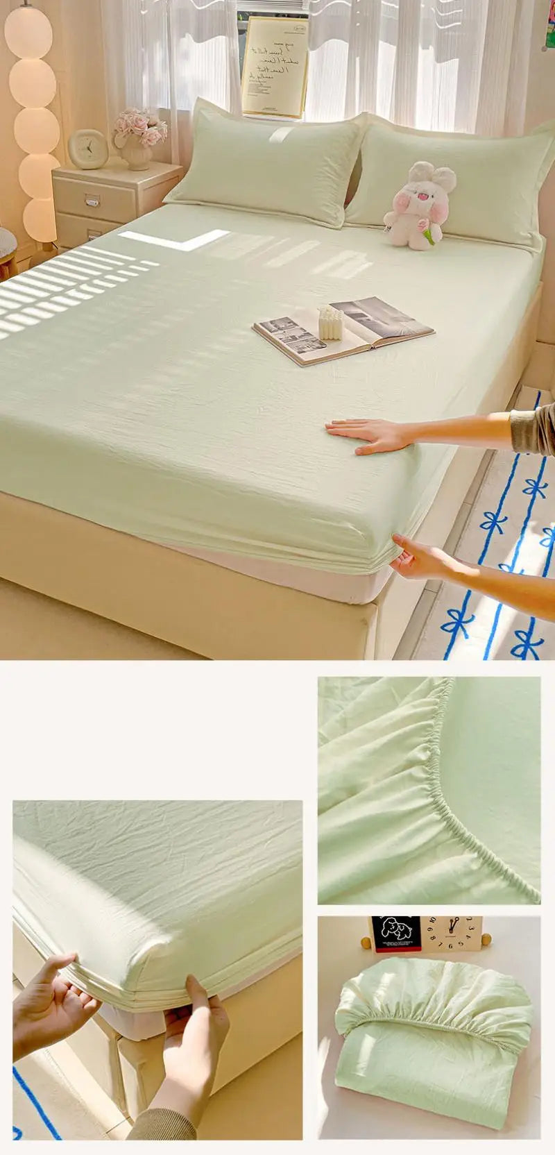 New Ultra-Thin Grid Pattern Fitted Sheet Set Washed Cotton Skin-Friendly Mattress Dust Cover Soft Breathable Household Mat