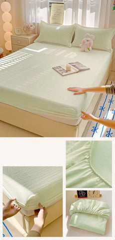 New Ultra-Thin Grid Pattern Fitted Sheet Set Washed Cotton Skin-Friendly Mattress Dust Cover Soft Breathable Household Mat