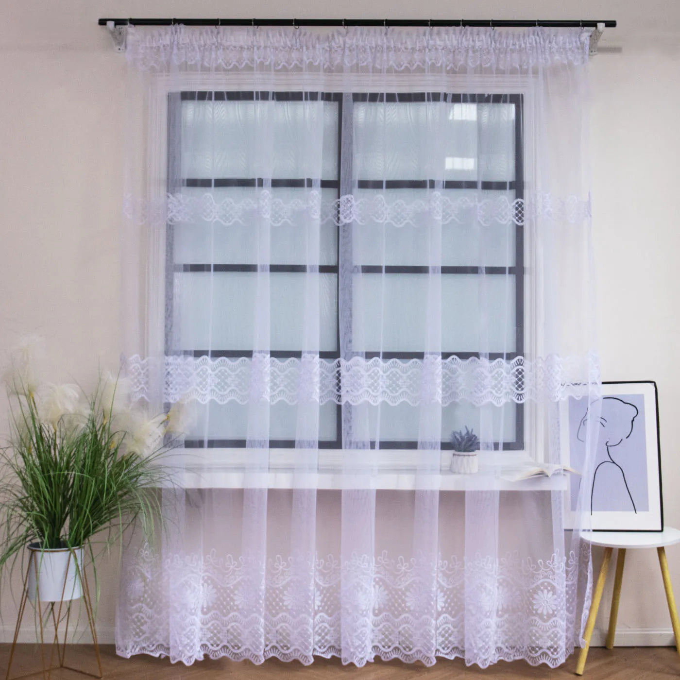 FLYING Romantic Style Embroidered Sheer Curtain Semi-Transparent Window Drapes for Living Room Multiple Sizes Available 1pc