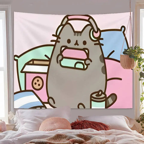 Cartoon P-PusheensS Cute Cat Tapestry Hanging Dormitory Room Bedspread Blanket Children's Room Party Home Decoration Gift