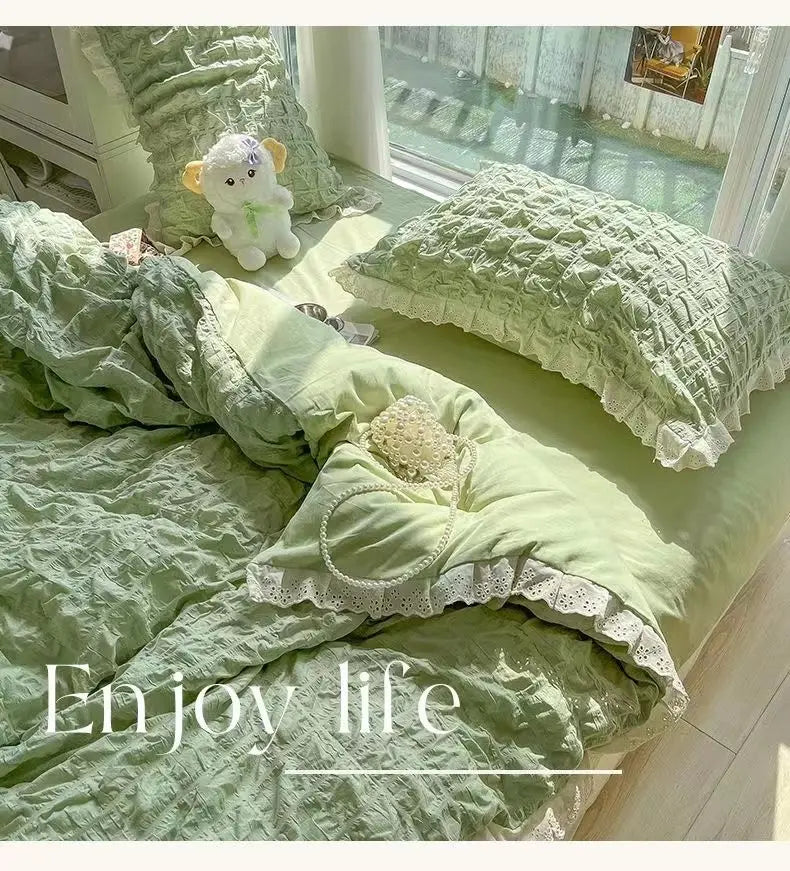 Korean Princess  Bedding Set Duvet Cover Ins Style Wash Cotton Solid Color Summer Soft Bed Sheet Set Comforter Set Quilt Cover