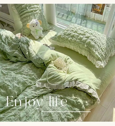 Korean Princess  Bedding Set Duvet Cover Ins Style Wash Cotton Solid Color Summer Soft Bed Sheet Set Comforter Set Quilt Cover