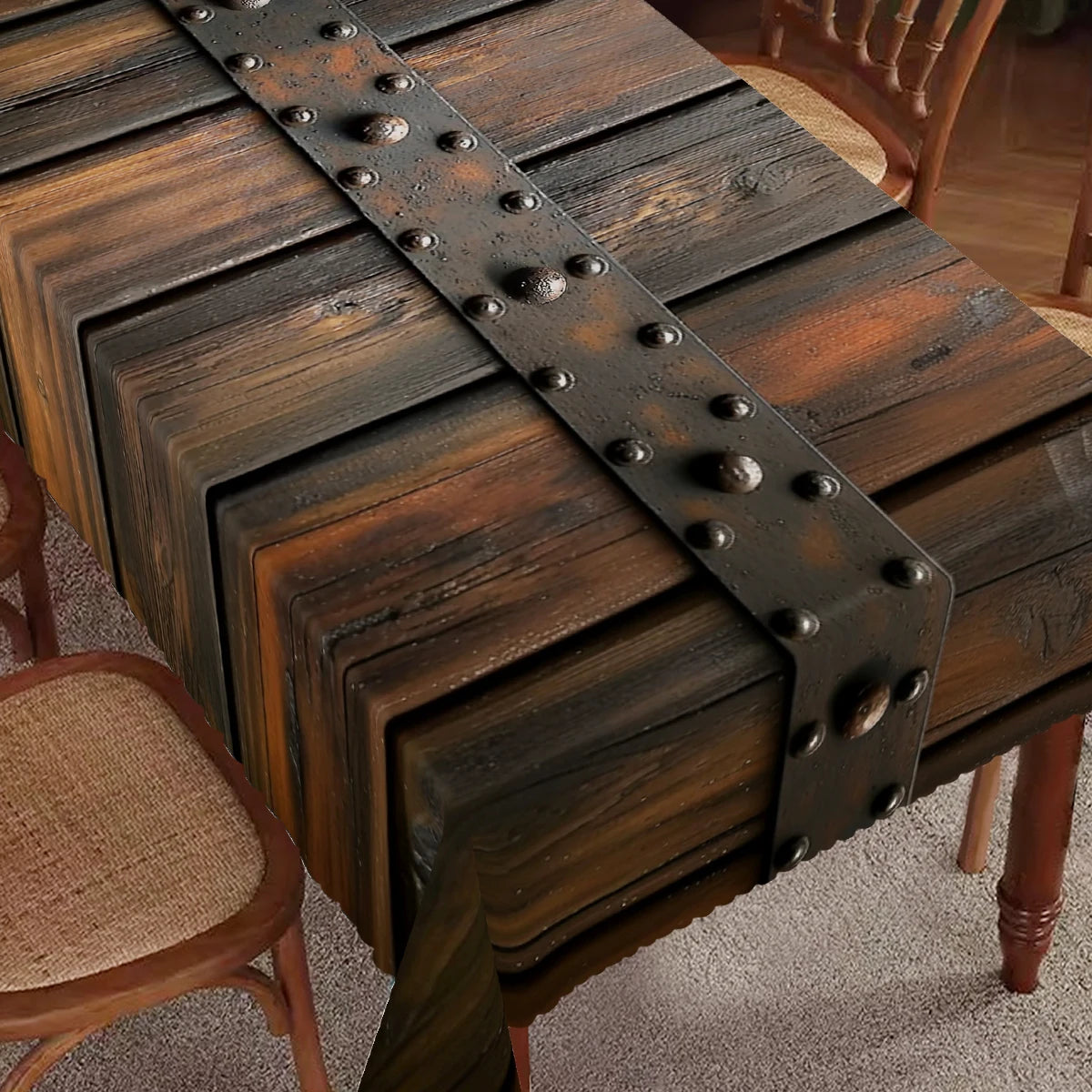 1pc Wood Grain Theme Polyester Tablecloth with Scalloped Edge, Suitable for Home Kitchen Decor, Room Decoration