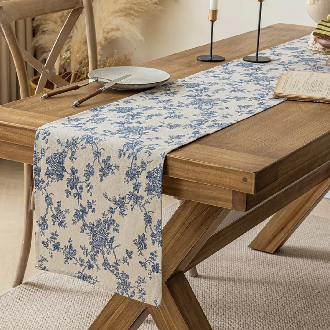 Cotton Linen Blue Printed Floral Table Runner With Tassel Circular Placemats for Wedding Party Dinning Table Decor
