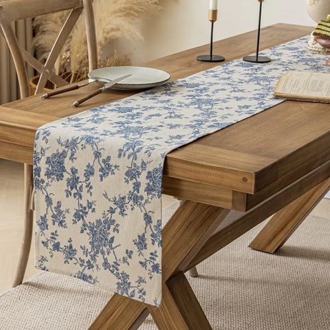 Cotton Linen Blue Printed Floral Table Runner With Tassel Circular Placemats for Wedding Party Dinning Table Decor