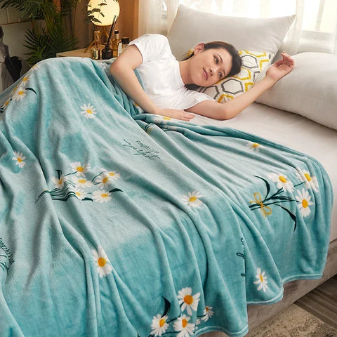 Thin Blanket for Summer Soft Coral Fleece Flannel Blanket for Beds Flower Printed Plaids for Bed Single/Queen/King Size Blanket
