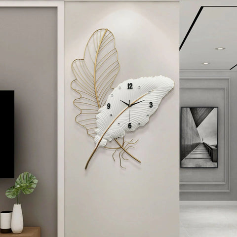 2025 New Large-size Iron Handmade Pure White Feather Wall-mounted Clock Home Decor Silent Hollow Feather Simple Quartz Clocks