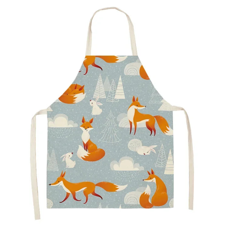 1Pcs Cute Fox Cat Pattern Apron Women Men Kids Waterproof Cooking Oil-proof Kitchen Cooking Bib Aprons Cotton Linen Home Textile