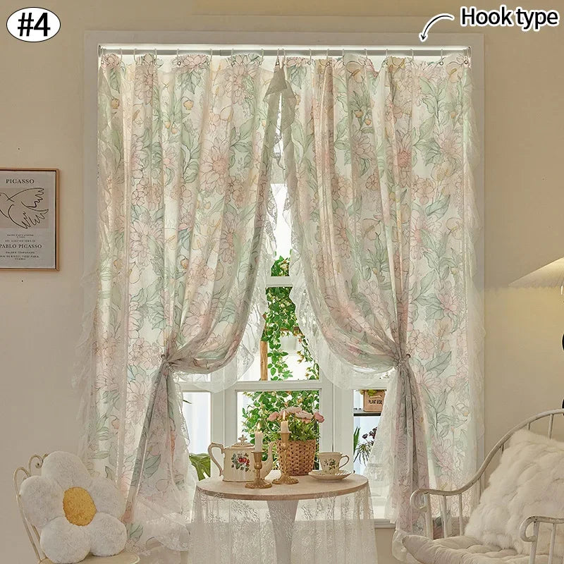Double Layer Sheer Curtains Floral Print Lace French Style Voile Organza for Bedroom Decor Antique White Drapes 2025 New Design