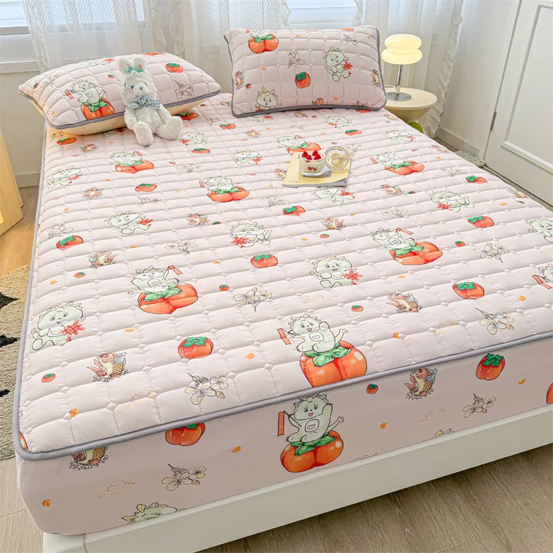 Adorable Quilted Washed Cotton Fitted Mattress Cover - Super Cute Girl's Design, Hypoallergenic