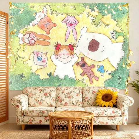 Cute Cartoon Kids Animal Wall Tapestry Forest Theme Flat Print Hanging Cloth Children Bedroom Nursery Decor Lightweight Polyeste