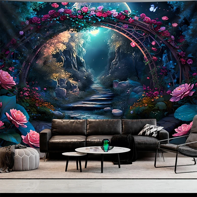 1 Piece Romantic Garden Arch Tapestry - Polyester Material, Ideal for Living Room & Bedroom Decoration - with Installation Kit