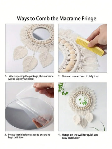 Macrame Hanging Wall Mirror, Boho Fringe Round Handmade Decorative Acrylic Mirror for Apartment Living Room Bedroom Home Decor