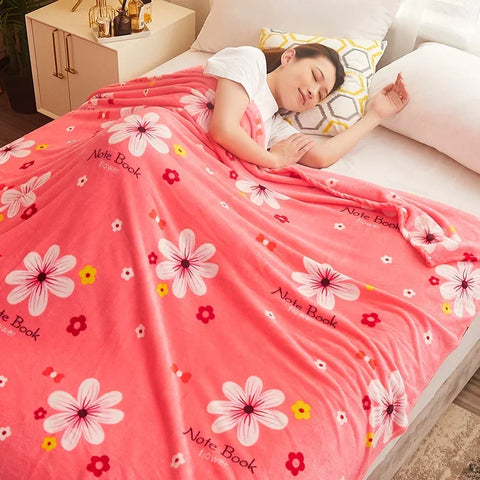 Thin Blanket for Summer Soft Coral Fleece Flannel Blanket for Beds Flower Printed Plaids for Bed Single/Queen/King Size Blanket