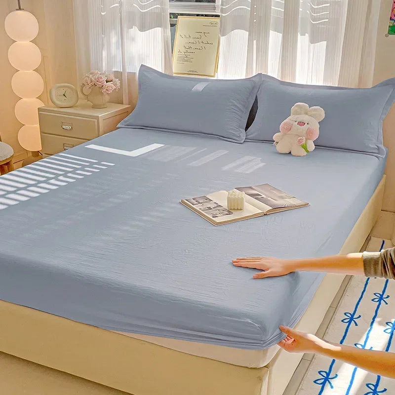 New Ultra-Thin Grid Pattern Fitted Sheet Set Washed Cotton Skin-Friendly Mattress Dust Cover Soft Breathable Household Mat