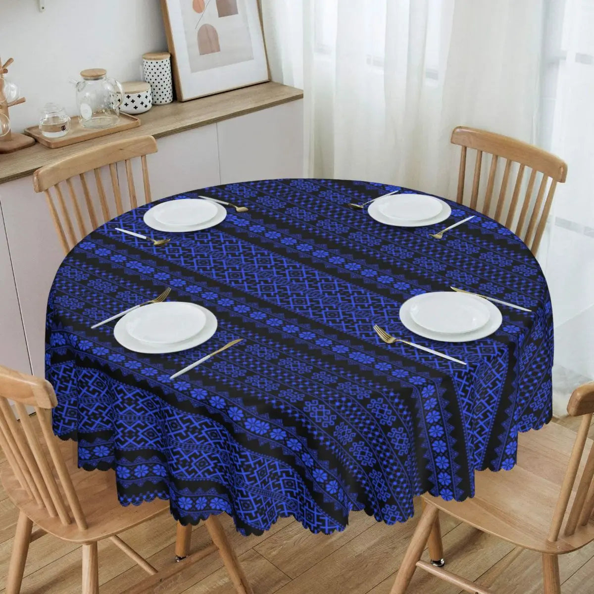 Ukraine Vyshyvanka Embroidery Tablecloth Round Oilproof Bohemian Geometric Table Cover Cloth for Kitchen 60 inches