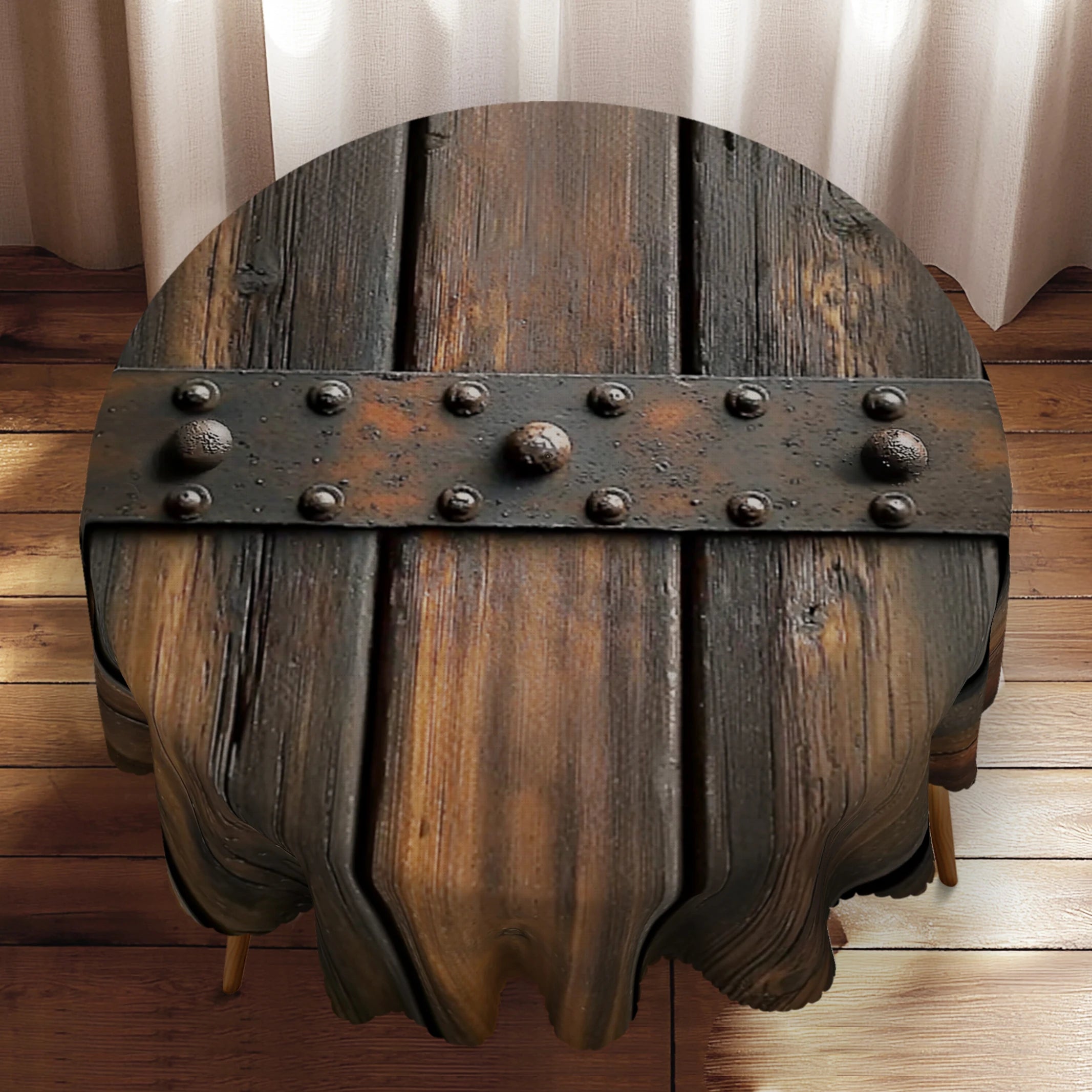 1pc Wood Grain Theme Polyester Tablecloth with Scalloped Edge, Suitable for Home Kitchen Decor, Room Decoration