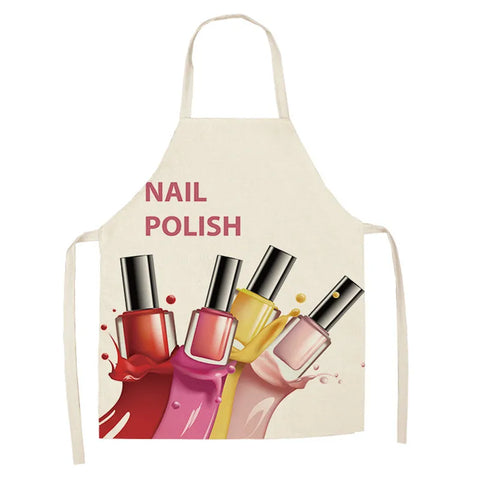Linen Flower Nail Polish Theme Print Kitchen Aprons Unisex Dinner Party Cooking Bib Funny Pinafore Cleaning Apron