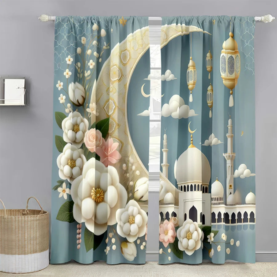 2PCS light blue golden moon curtains, fresh breeze, bedroom and living room, decorative curtains with drawbar pockets