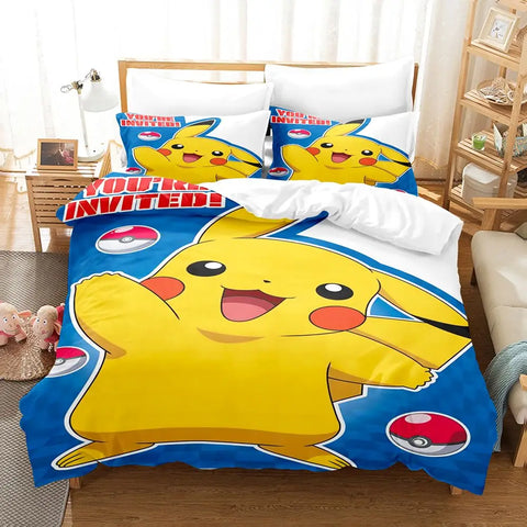 Kawaii Pokemoned Cartoon Anime Bedding Set Pikachu Gengar Eevee Charizard Quilt Duvet Cover Pillowcase Kid Bed Set Twin Size