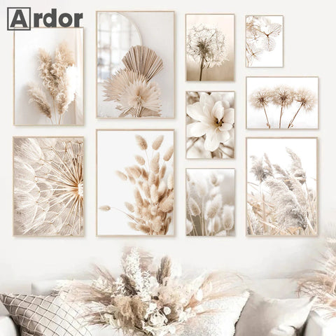 Nordic Beige Dandelion Painting Poster Reed Canvas Art Print Flower Posters Bunny Tail Grass Wall Art Picture Living Room Decor