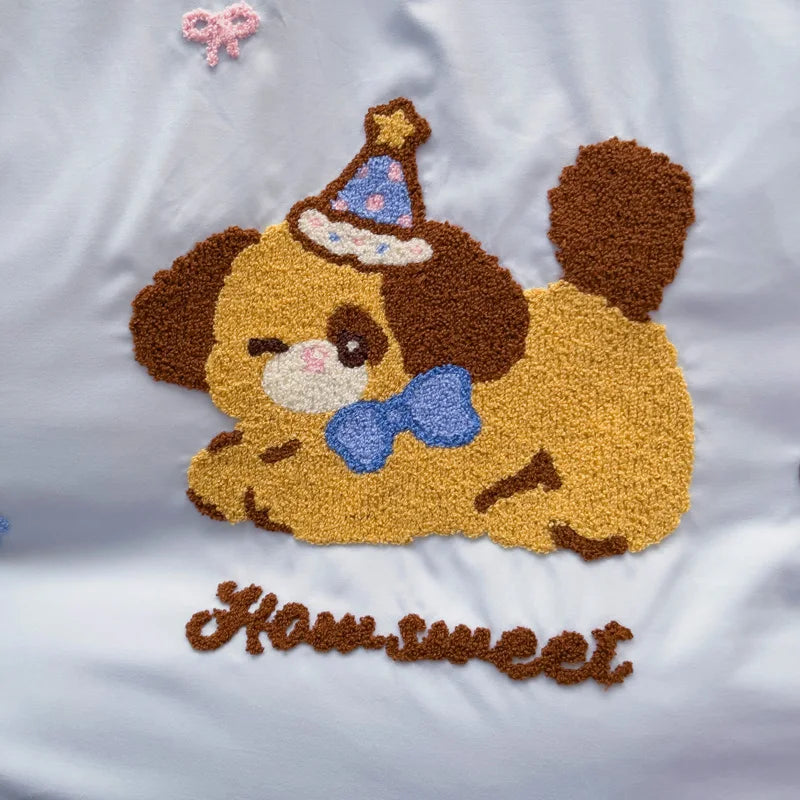 Cute Pink Cartoon Cat Towel Embroidery Girls Kids Bedding Set Soft Washed Cotton Duvet Covers Set Bed Sheet Pillowcases 3/4Pcs
