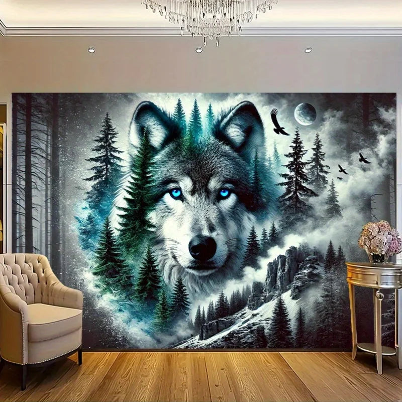 Mysterious Forest Lone Wolf Tapestry, Polyester Wall Hanging Art, Suitable for Indoor and Outdoor Decoration, Home, Living Room