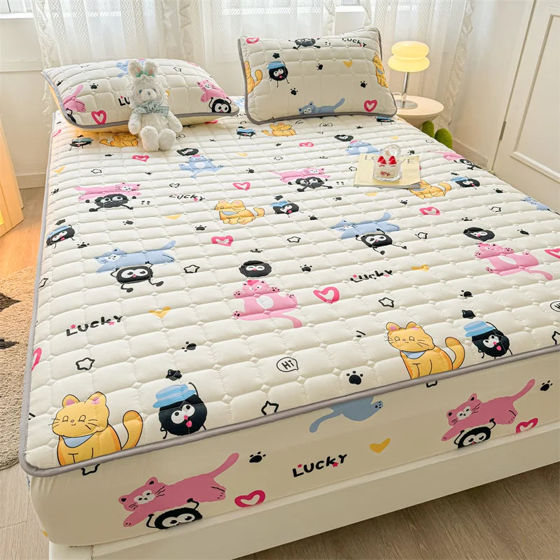 Adorable Quilted Washed Cotton Fitted Mattress Cover - Super Cute Girl's Design, Hypoallergenic