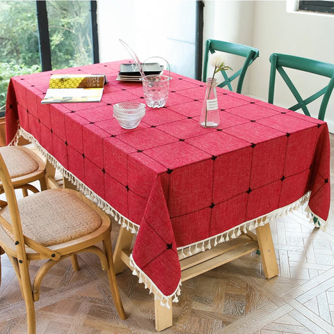 Grey Large Square Embroidery Tassel Tablecloth,Cotton Linen Dust-Proof Checkered Table Cover,for Kitchen Dinning Tabletop Decor