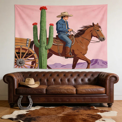 Western Cowboy Pastel Tapestry 2D Printed Desert Cactus & Horse Wall Hanging Retro Rodeo-Themed Home Decor Bedroom Kids Room