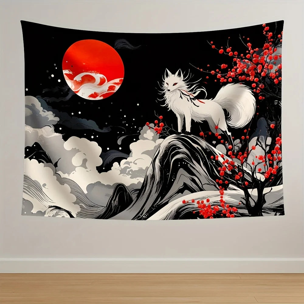1pc Fantasy White Fox and Red Flower Tree Background Wall Cloth-Modern Polyester Reusable Party Decorative Tapestry