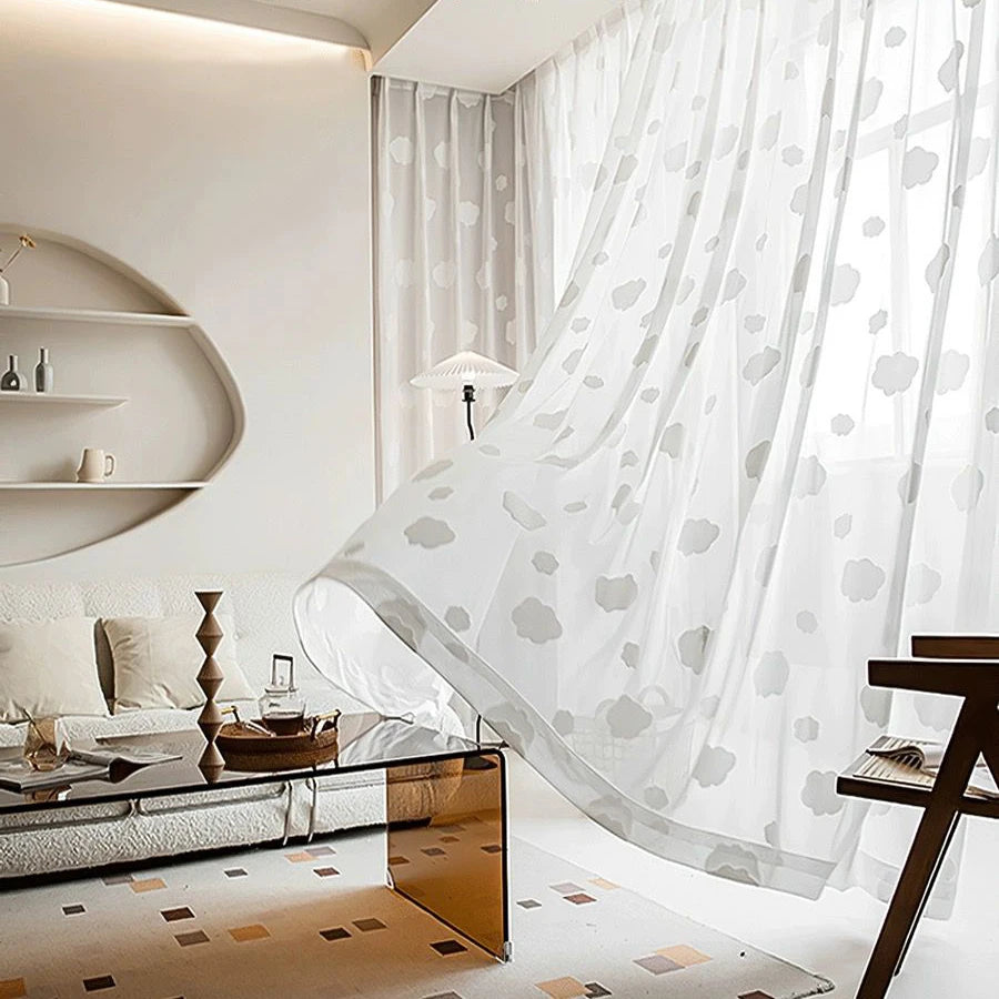 3D Cloud Embroidered Tulle Curtain For Living Room Bedroom Japanese Simple White Flocking Cartoon Sheer Drapes For Children Room