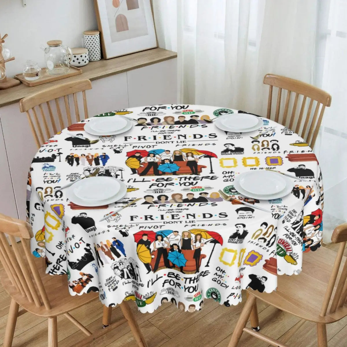 Customized I'll Be There For You Round Tablecloths 60 Inch Friends TV Show Table Covers for Kitchen Table Cloth