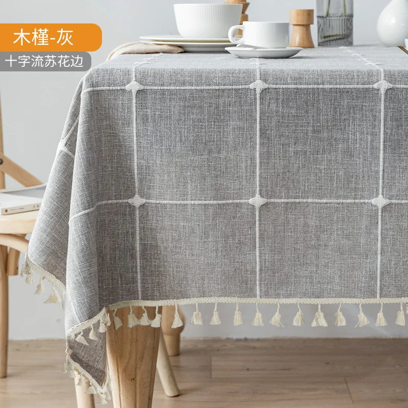 Grey Large Square Embroidery Tassel Tablecloth,Cotton Linen Dust-Proof Checkered Table Cover,for Kitchen Dinning Tabletop Decor