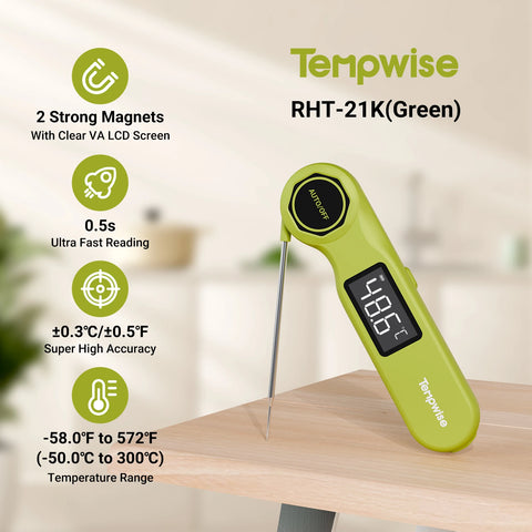 Tempwise RHT-21K Instant Read Food Thermometer IP65 Waterproof Handheld Meat Thermometer Outdoor Indoor BBQ Thermometer