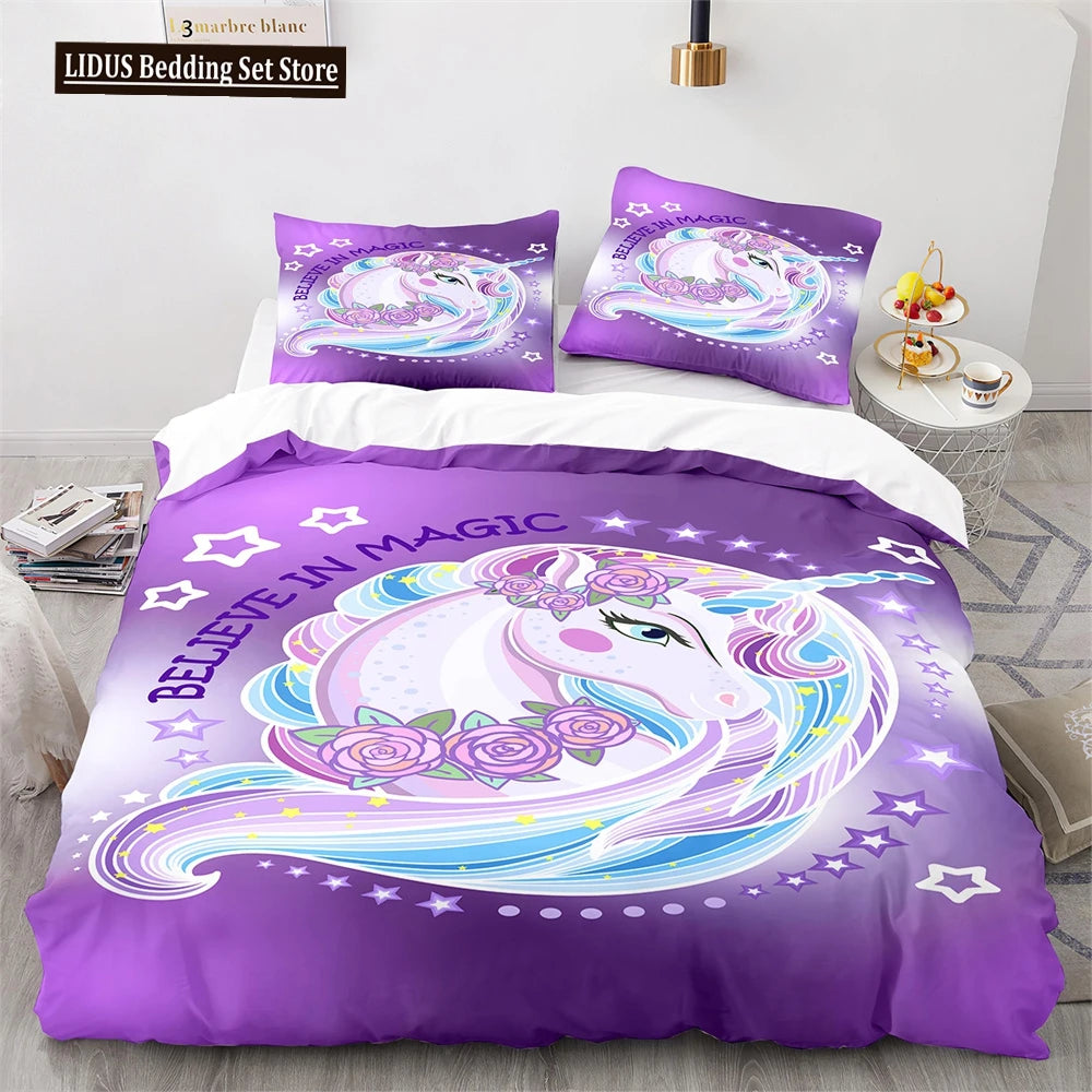 Unicorn Rainbow Duvet Cover Set King Twin Full Size Kids Boy Girl Bedding Set Colourful Cartoon Child Polyester Comforter Cover