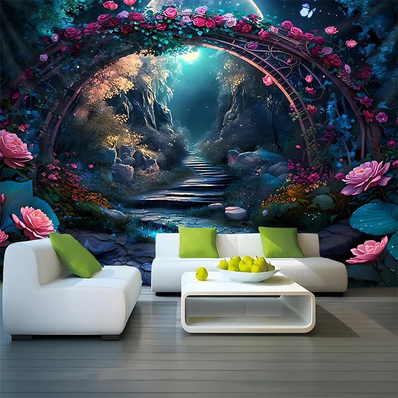1 Piece Romantic Garden Arch Tapestry - Polyester Material, Ideal for Living Room & Bedroom Decoration - with Installation Kit
