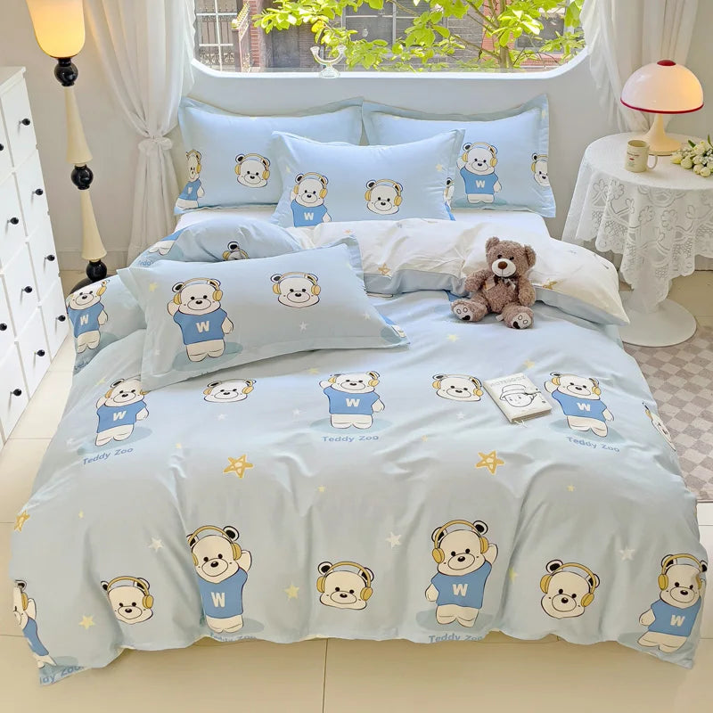Cute Bear Duvet Cover Set for Teens, 3-Pieces Set 100%Cotton Comforter Cover with Pillow Shams, Soft Comfortable Kids Bedding