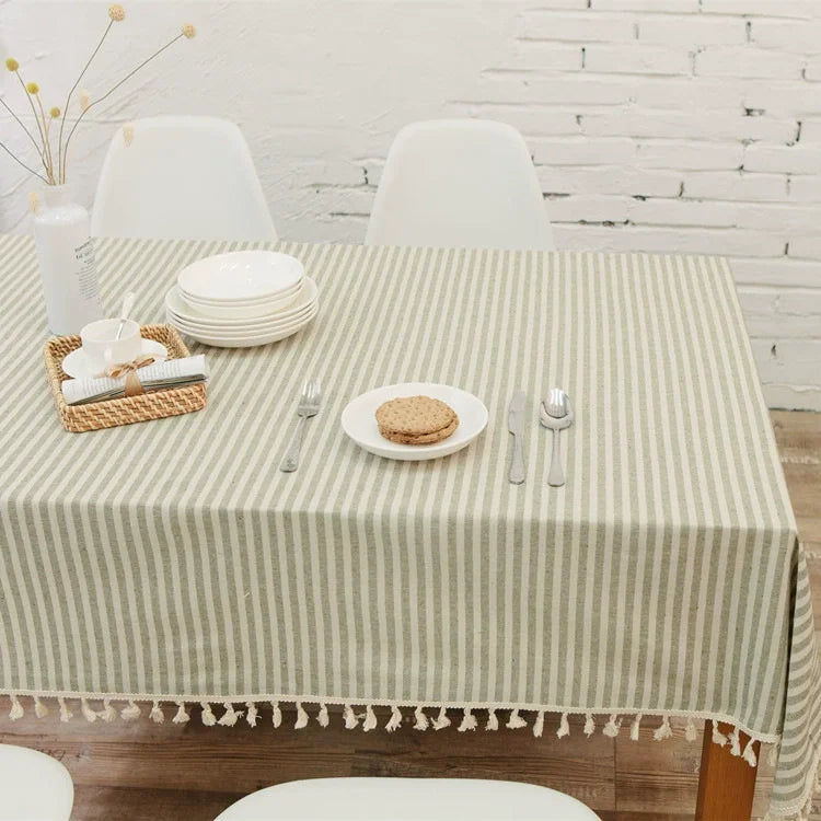 Cotton Linen Table Cloth Stripe Tassel Rectangle Tablecloth Dust-Proof Table Cover for Kitchen Dinning Tabletop Decoration