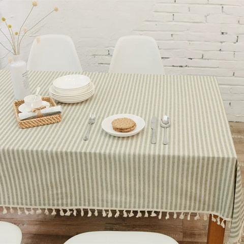 Cotton Linen Table Cloth Stripe Tassel Rectangle Tablecloth Dust-Proof Table Cover for Kitchen Dinning Tabletop Decoration