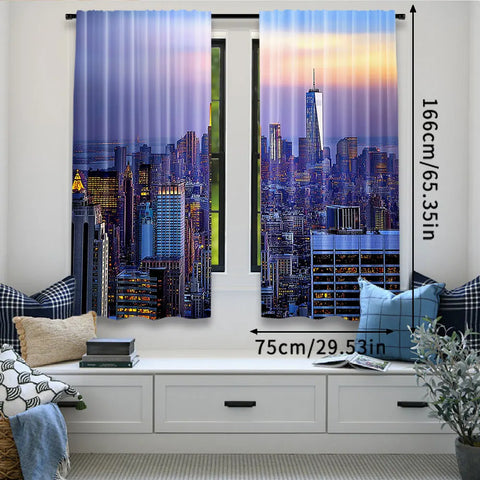 2Pcs Modern Curtain New York City Skyline With Skyscrapers At Sunset Night American Urban Life For Bedroom Living Room Dining