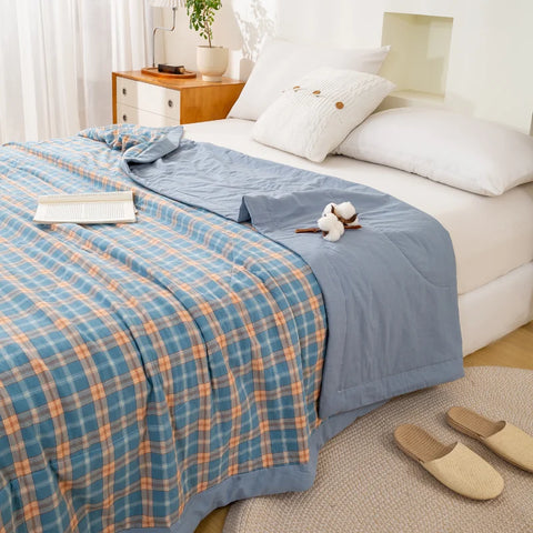 Japanese-style Plaid Summer Blanket 100% Cotton Skin Friendly Quilted Queen Quilt 220*240 Breathable King Size Duvet Comforter