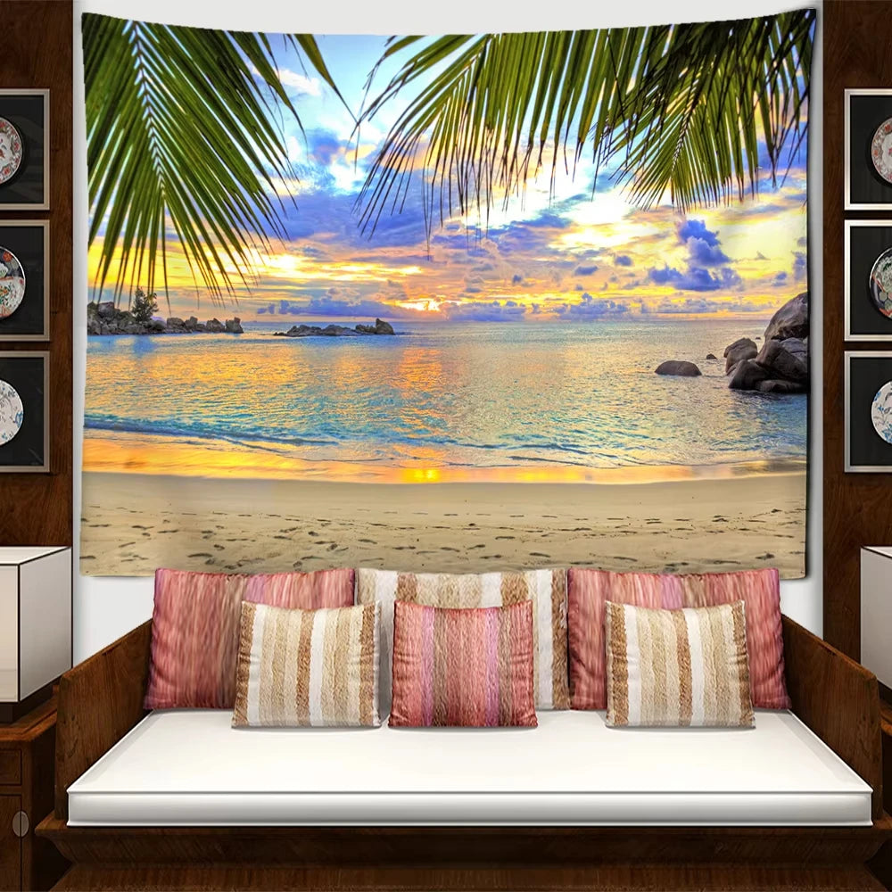 VIKAMA Summer Tropical Beach Sunset Panoramic Tapestry Flower Living Room Bedroom Vacation Style Cozy Relaxing Space Arrangement