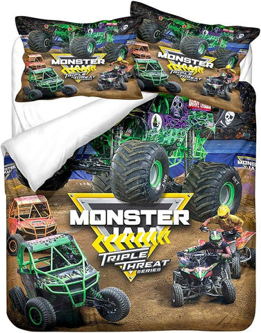 Cartoon Monster Truck Duvet Cover Sets,Soft Comfortable Breathable Bedding Set  with Pillowcases Zipper for Kids Boys Girls