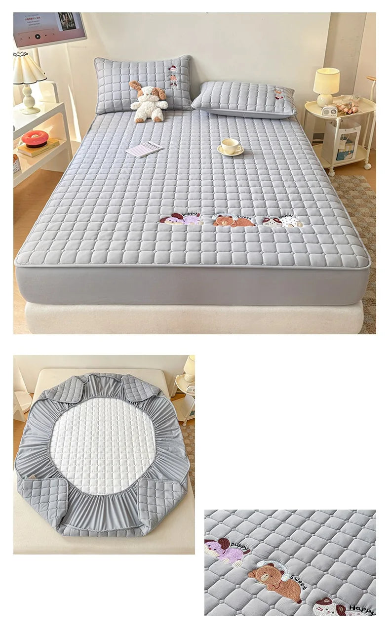 Cartoon Embroidered Bed Cover Quilted Mattress Protector Non-slip Bedspread Thicken Bed Linen 매트리스 커버	 (No Pillowcase)