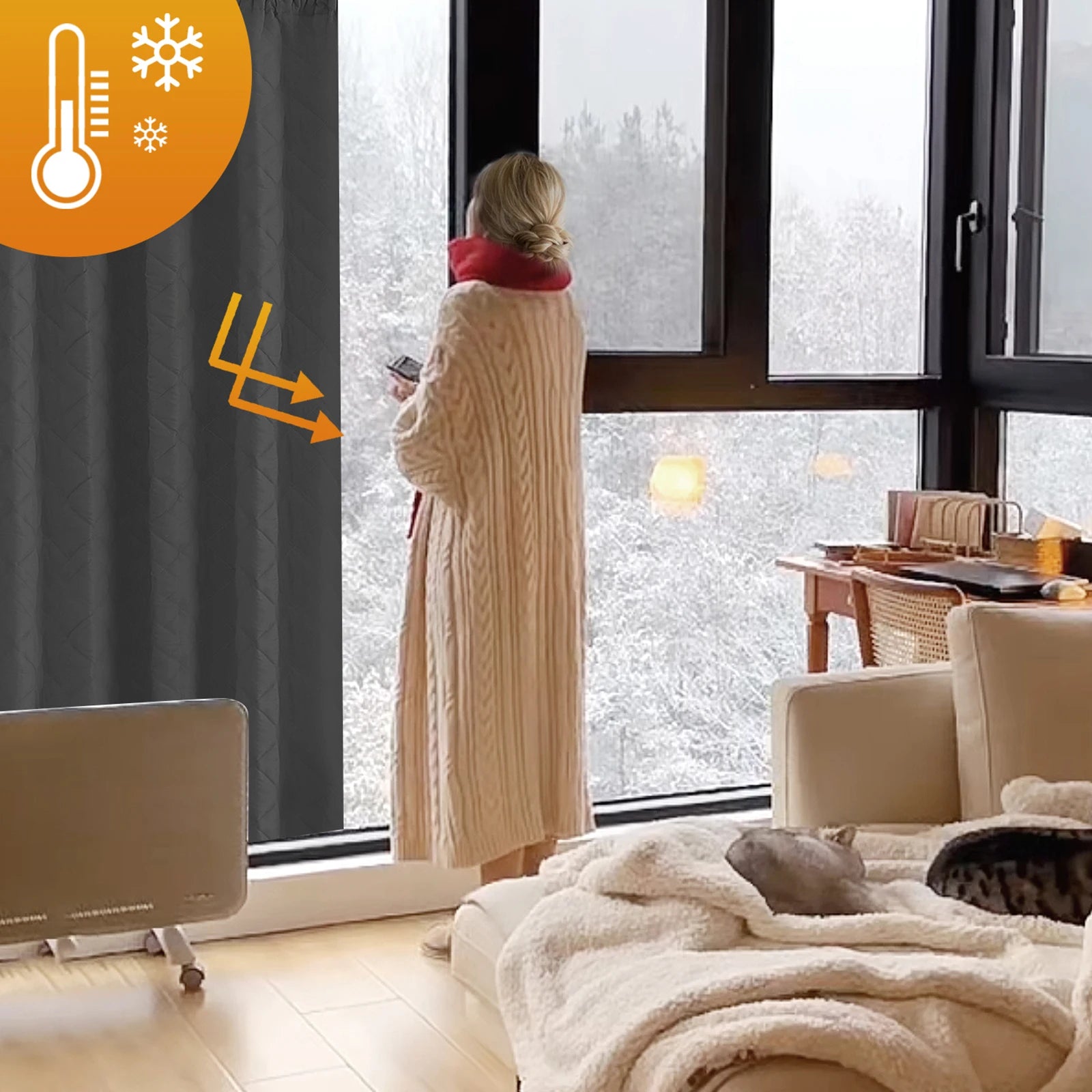 Quilted Blackout Curtains Heavy Duty Noise Reducing Thermal Insulated Drapes Liner Anti-cold Rod Pocket for Living Room Bedroom