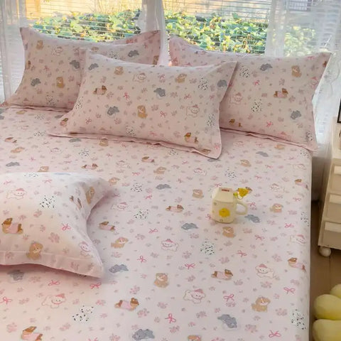 100% Cotton Kids Fitted Sheet - Pink Cartoon Print Single Size, Soft Bed Sheet Mattress Cover (No Pillowcase)